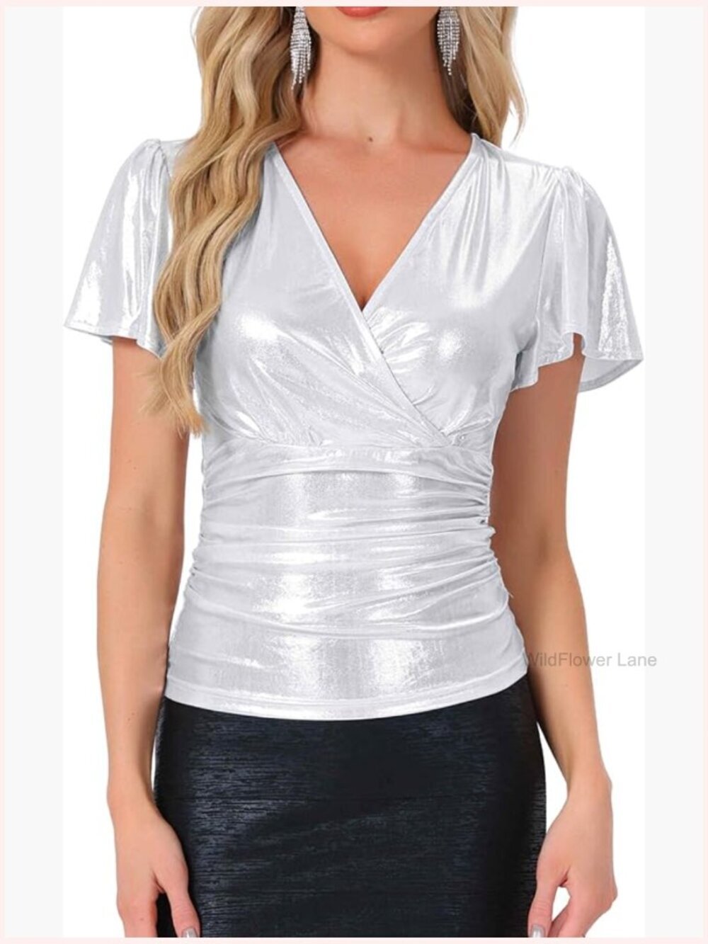 V Neck Ruffle Sleeve Metallic Wrap Blouse for Parties